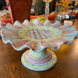 1980’s MacKenzie-Childs Ruffled Ceramic “Rose Cottage” Pedestal Cake Plate